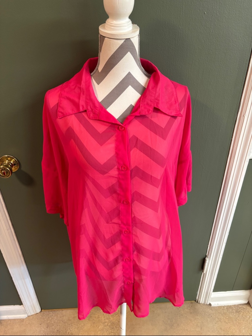 Sheer Button-Front Blouse - Hot Pink